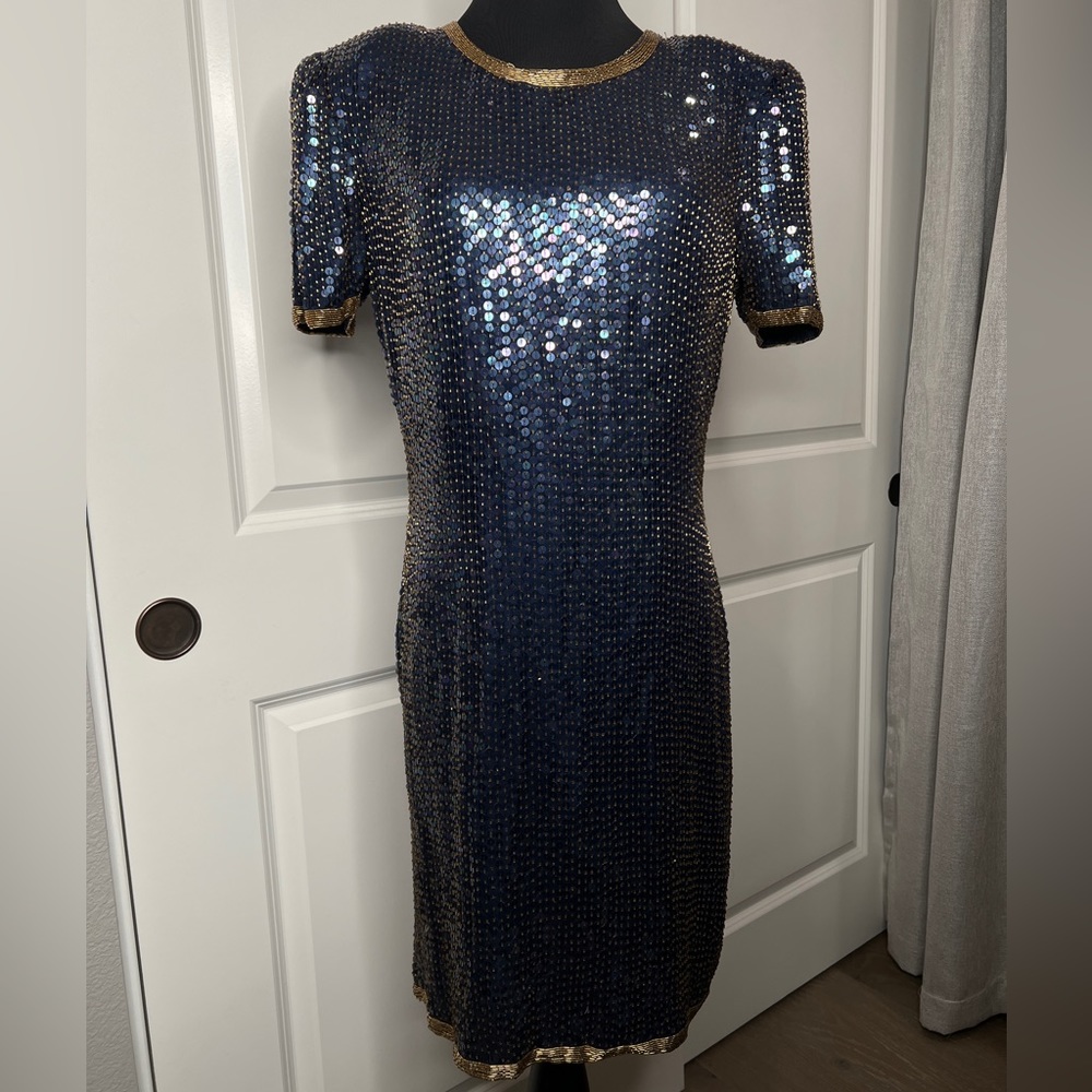 Navy Gold Sequin Silk Cocktail Dress Size M